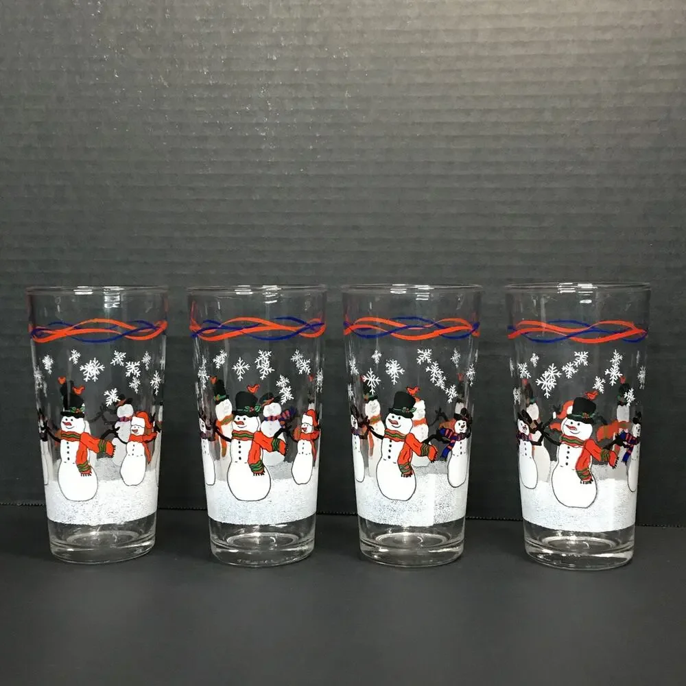 KIG Set of 4 Vintage Snowman Tea Water Drinking Glasses Tumblers Barware